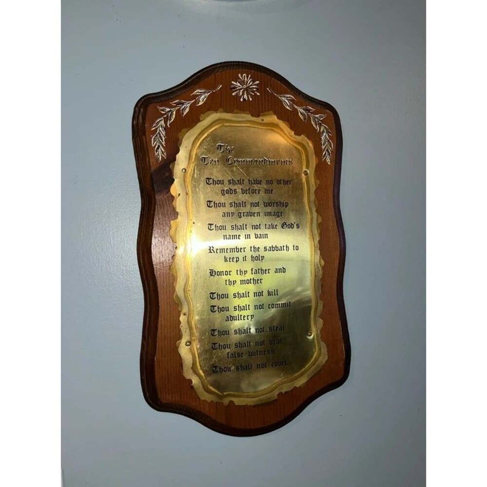Vintage Home Interiors Homco The Ten Commandments Brass Wood Wall Plaque 10”x18”